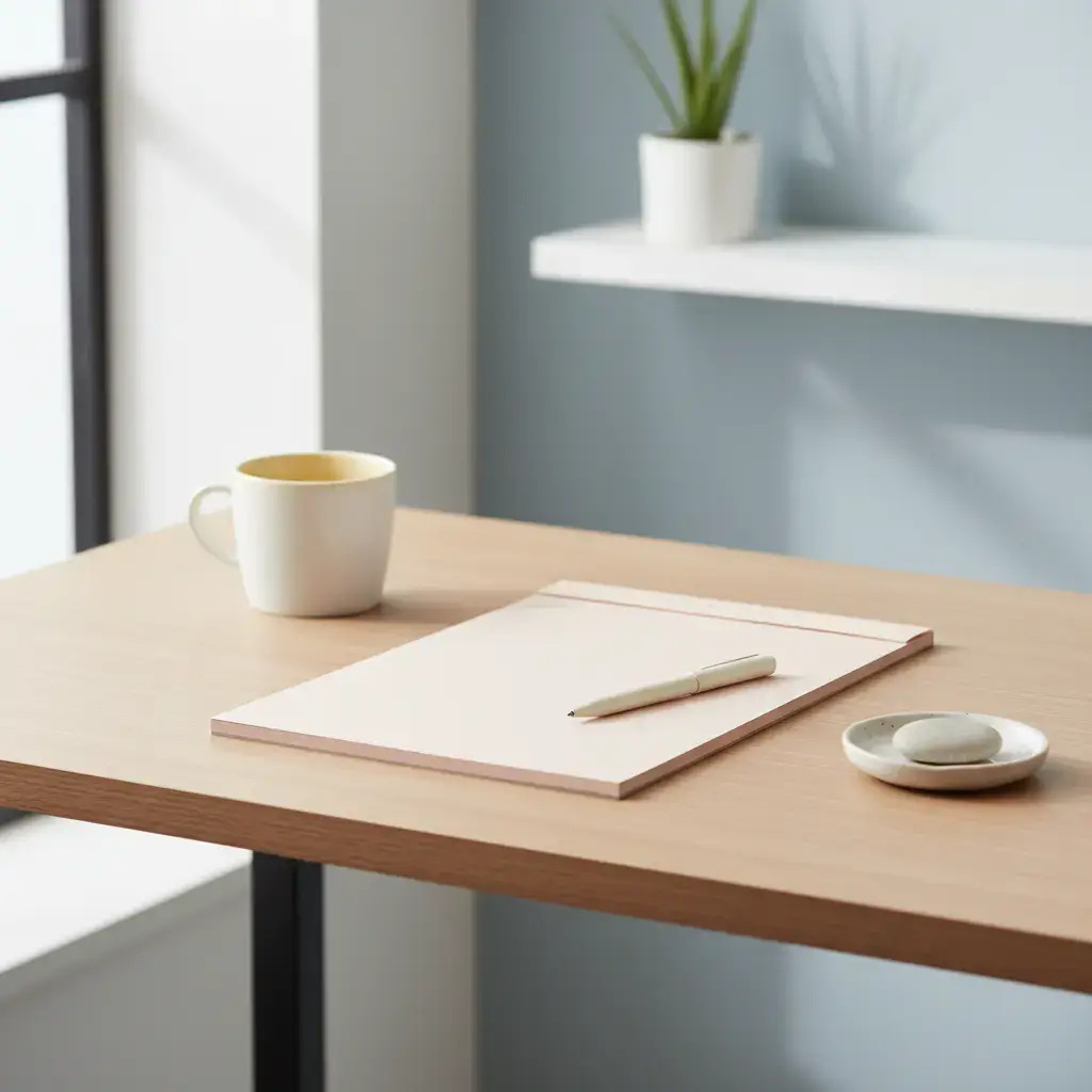 Minimalist calm desk space with a notepad and pen in light pastel tones